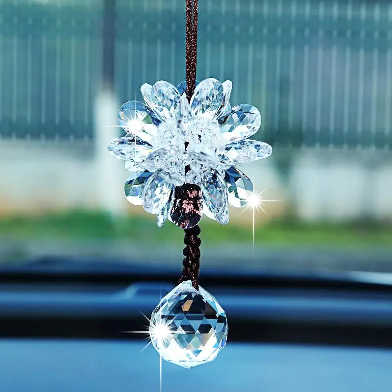 Car Pendant Crystal Flower Hanging Ornament Crystal Ball Prisms Flower Suncatcher Car Rear View Mirror Car Accessories