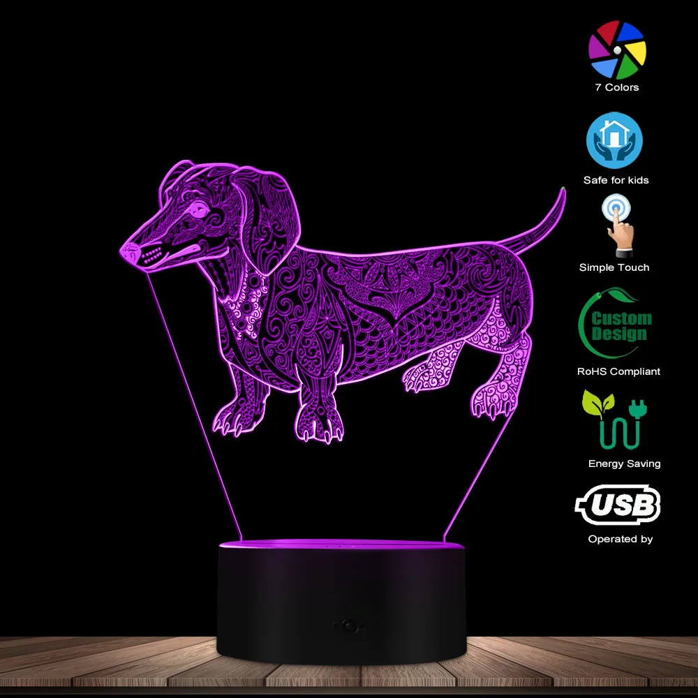 Cute Temperament Abstract Dachshund Dog Custom Name 3D Optical Illusion Light Glowing LED Lamp Pet Lover Owner Lighting Gift