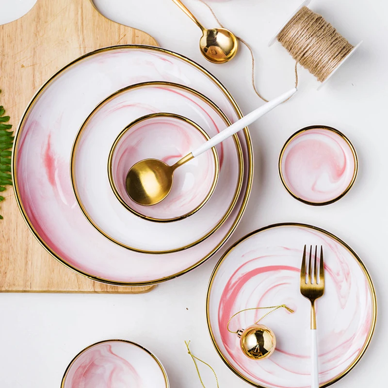 14PCS Set For 4 People Pink Marble Ceramic Dinner Dish Rice Salad Bowl Soup Plates Dinnerware Sets Tableware Kitchen Cook Tools
