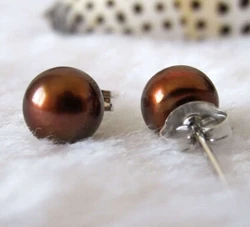 Genuine 8-10mm Brown Sea Shell Pearl Sterling Silver Stud Earrings