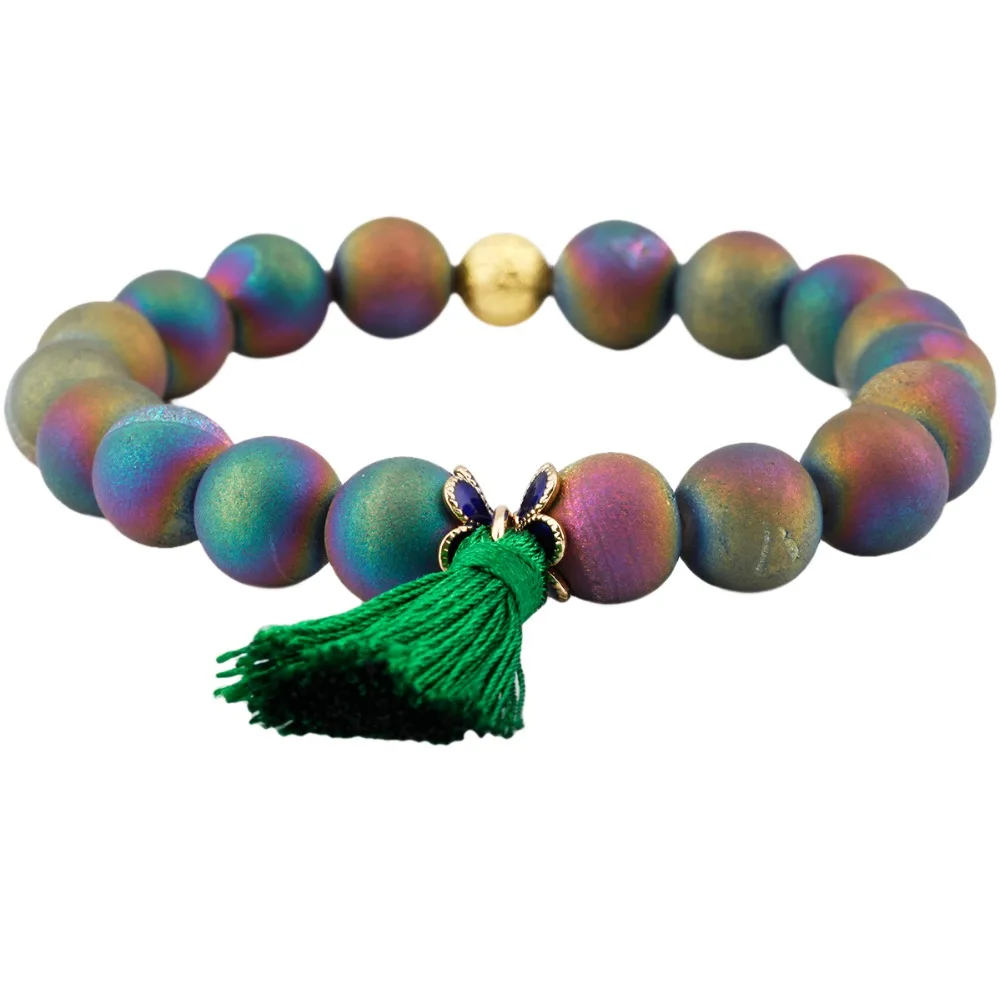 

TUMBEELLUWA Natural Stone Rainbow Titanium Coated Druzy Quartz 10mm Beads Tassels Elastic Bracelet 7"