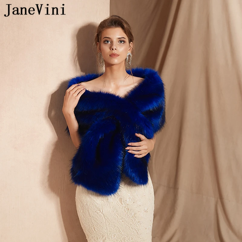 Janevini moda azul real inverno falso pele xale nupcial envoltório manto feminino bolero fourrure encolher quente outwear acessórios de casamento