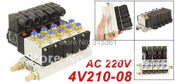 

Free Shipping 10Sets/Lot Pneumatic AC 220V Quadruple Solenoid Valve w Base Push In Connectors Silencers 5 Stations