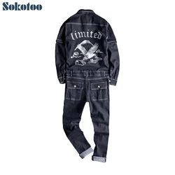 Sokotoo Men's embroidery long detachable sleeve black denim jumpsuits Casual embroidered pockets cargo jeans Overalls pants