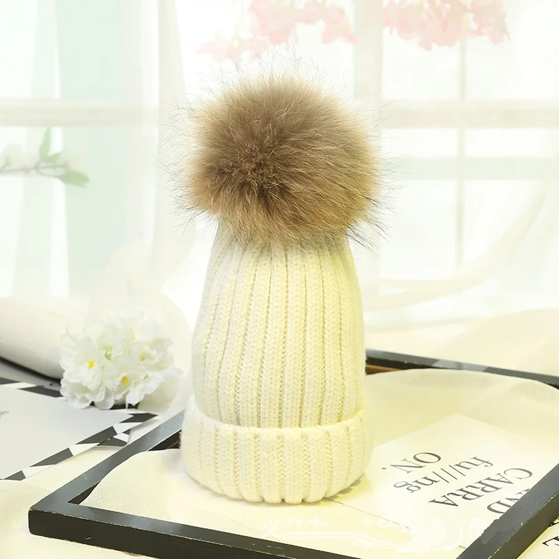 

YY003 Hot winter striped arcylic knitted cap beanies Top brand raccoon fur pom pom ball knit hat skullies for women