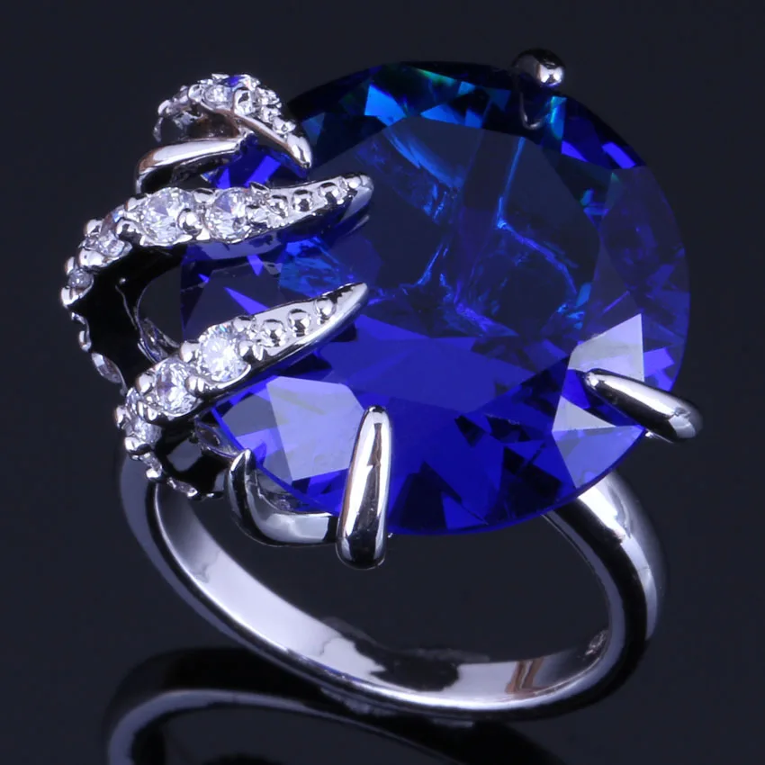 Elegant Blue Cubic Zirconia White CZ Silver Plated Ring V0556