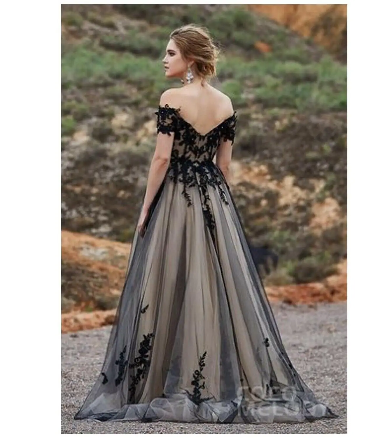 Charmingbridal A Line Bridal Gowns Off Shoulder Court Train Black Lace Champagne Tulle Wedding Dresses