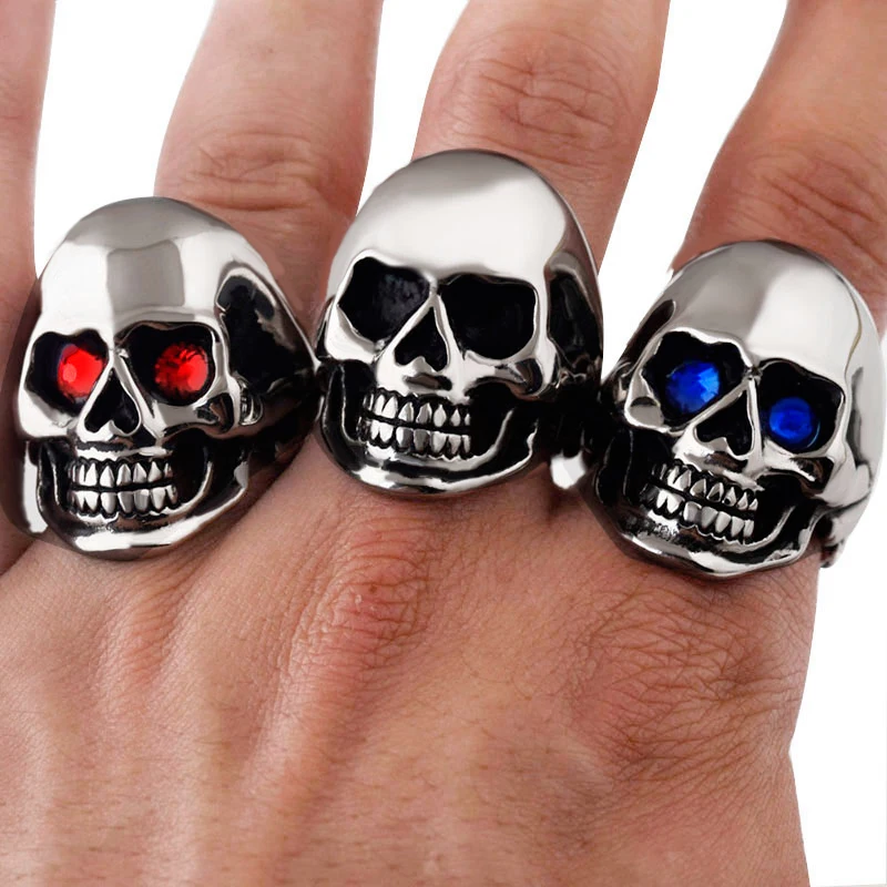 Men\'s Solid Skull Ring Gothic Punk Biker Rider Red/Blue Eyes Vintage Stainless Steel Skeleton Finger Band Men Jewelry