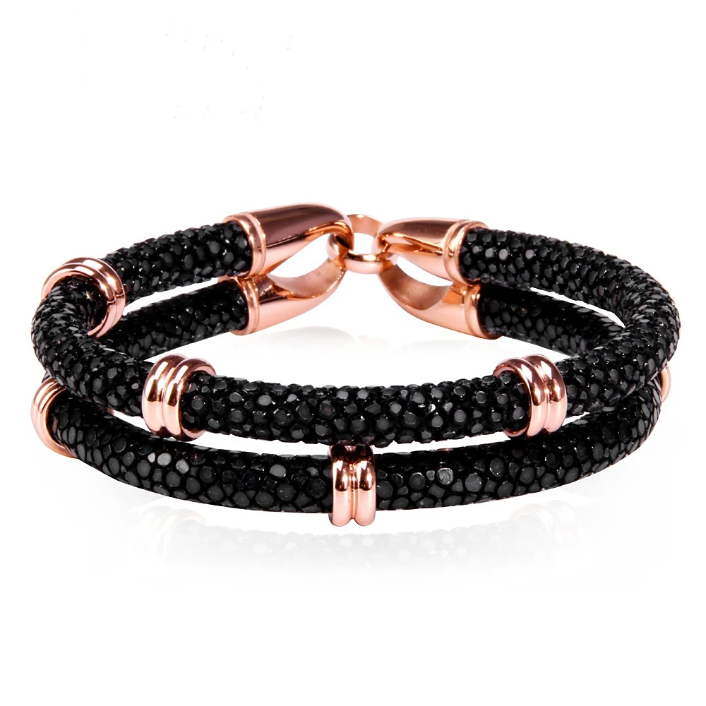 Pulsera de cuero genuino para hombre, brazalete de piel auténtica, color negro marino, 5mm, redondo, multicapa