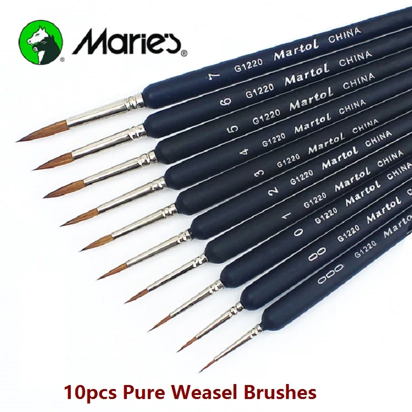 10pcs/lot Marie's High Quality Weasel Hair Paint Brushes Watercolor Acrylic Oil Fine Hook Line Pen Scriptliner Brush