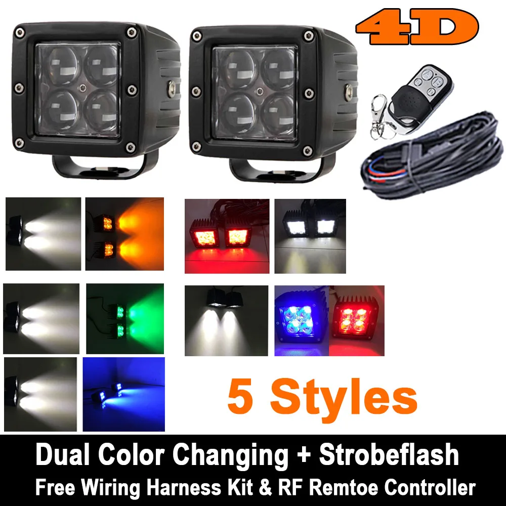 

2Pcs 3/5inch 40W 4D LENS LED Work Light Flashing Modes Offroad Pods LED Driving Lamp Fog Lights with Switch Wiring Harness