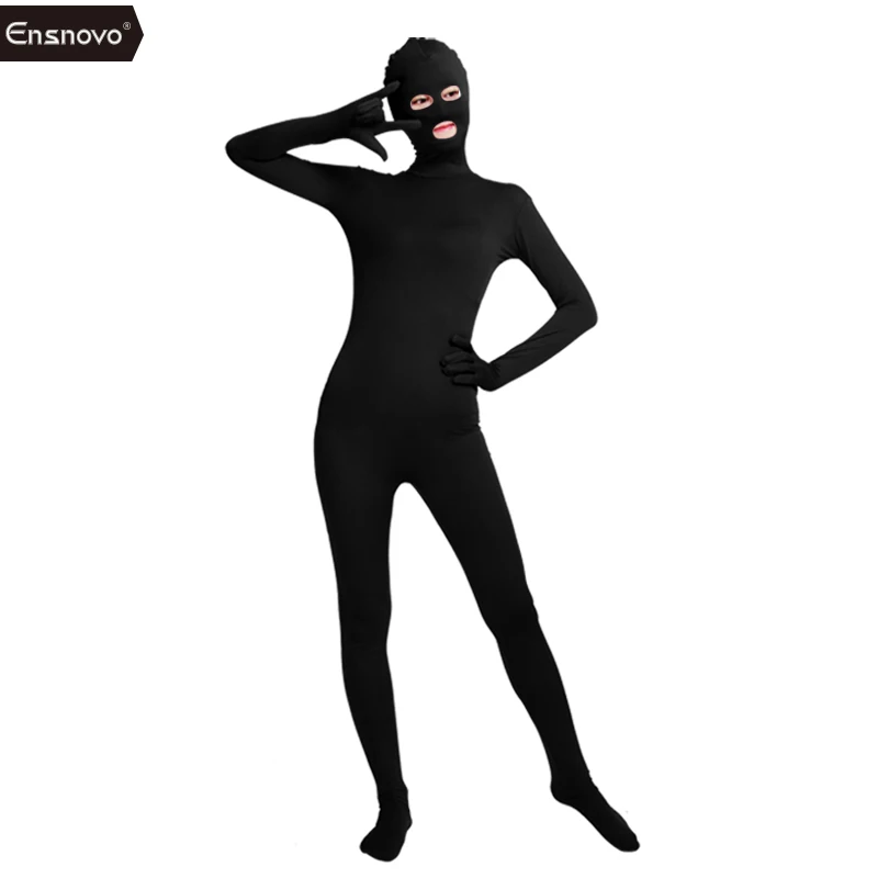 Ensnovo Unisex คอสเพลย์ไนลอน Spandex Zentai Bodysuit ชุดสูทสีดำตาปากเปิด Unitard คอสเพลย์ปาร์ตี้