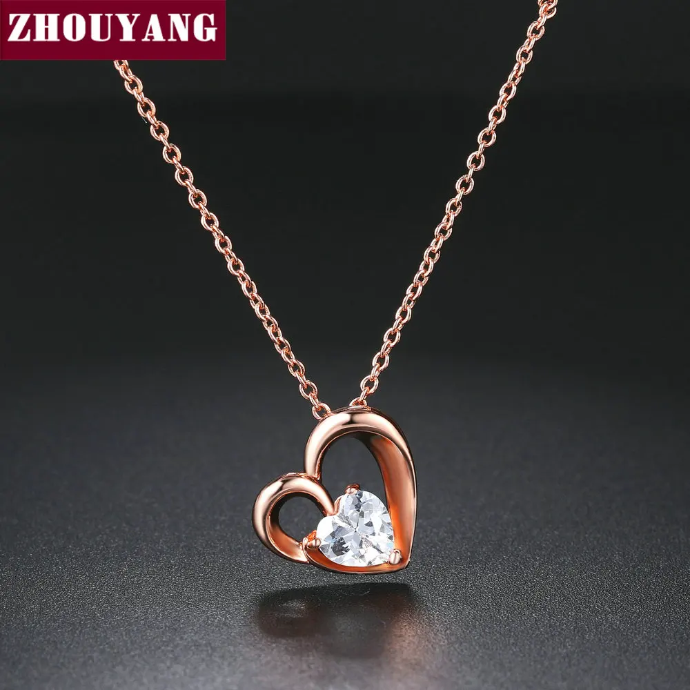 ZHOUYANG Pendant Necklace For Woman Girl Sweety Hollow Out Heart To Heart Cubic Zirconia Fashion Jewelry Party Work Gift N056