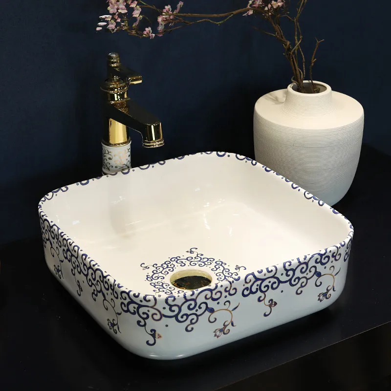 

Square Ceramic Art Basin Sink Counter Top Wash Basin Bathroom Sinks vanities Europe Vintage Style hand painted ceramic sink