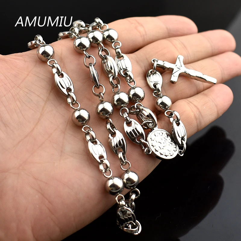 AMUMIU 316L Stainless Steel Mens Beads Fashion Rosary Necklace+Cross Pendant Jesus HN090