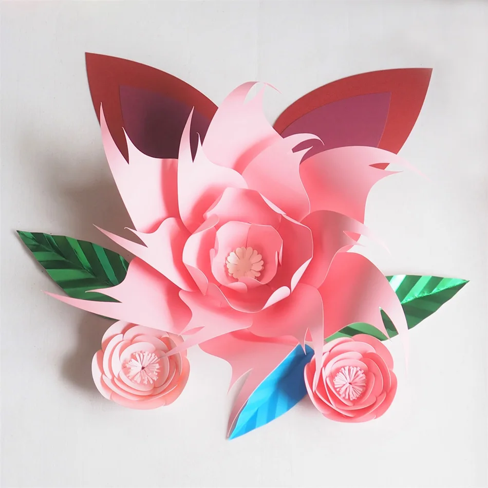 DIY Large Paper Flowers Giant Rose Fleurs Backdrops 3PCS+ 3 Leaves + 2 Ears For Wedding Decorations Nursery Kids' Birthday Video