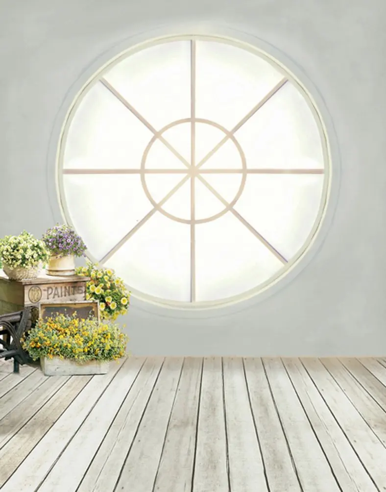 

5x7ft Wooden Floor Flowers Round Window Photography Backdrops Photo Props Studio Background