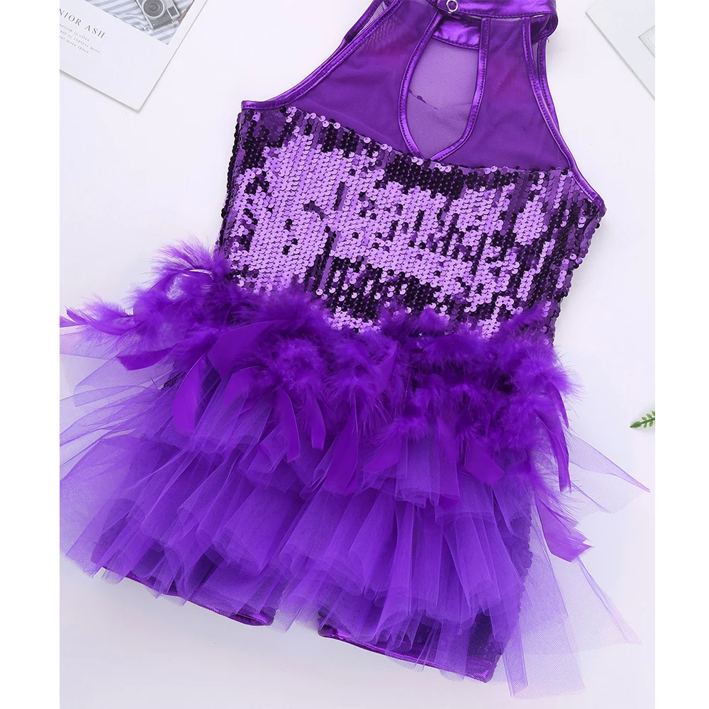 Girls Sequins Jazz Latin Ballet Dance Costume Leotard Jumpsuit Kids Sleeveless Mock Neck Shiny jazz Costume Feather Costumes