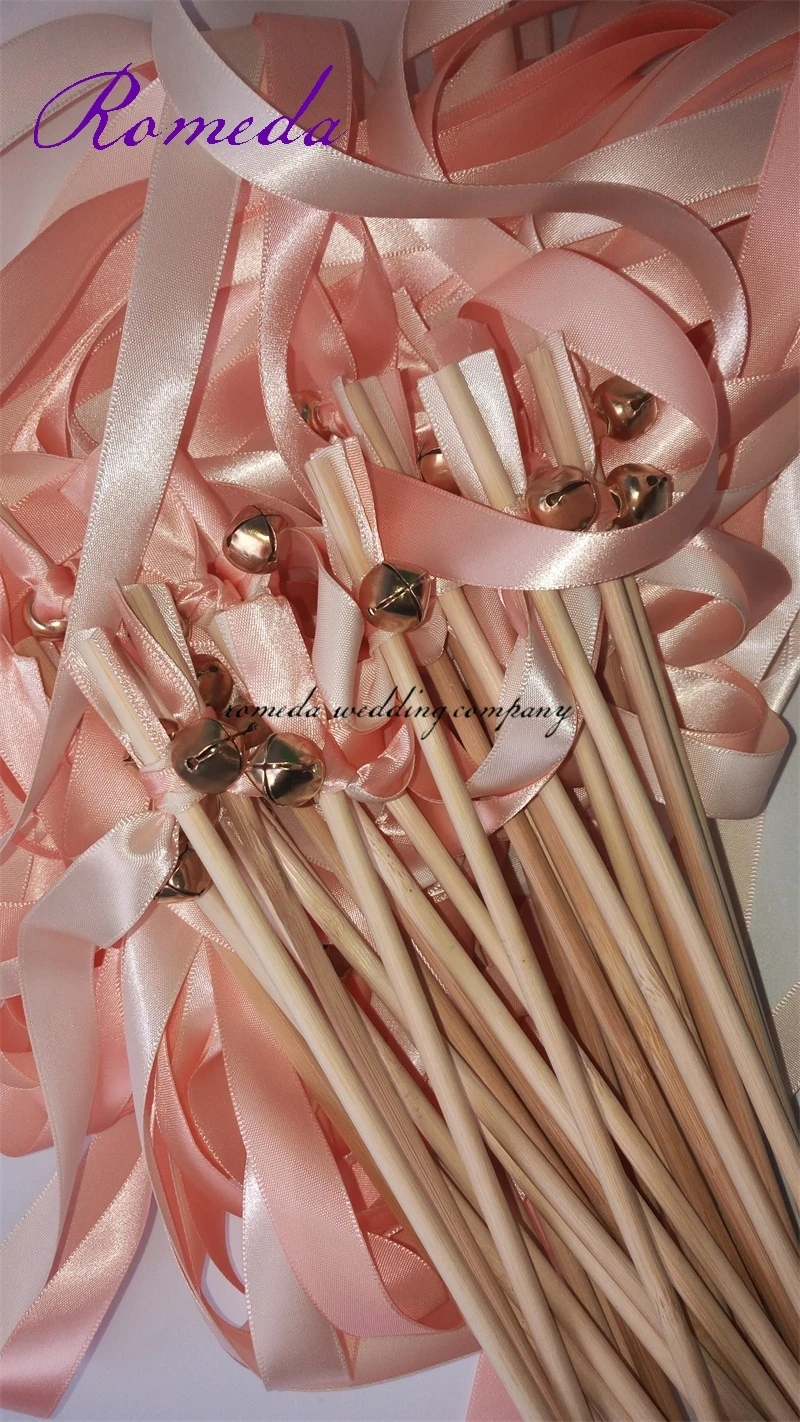 (50Pieces/Lot) Cream Ribbon Stick Wands Wedding Favor Ribbon Sticks With Gold Bell