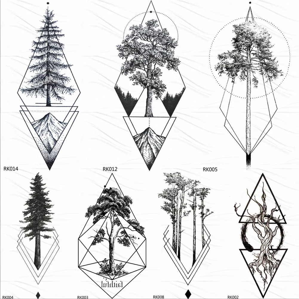 OMMGO Black Rhombus Pine Tree Tattoos Temporary Geometric Triangle Tatoo Sticker For Men Women Body Art DIY Fake Arm Leg Tattoos