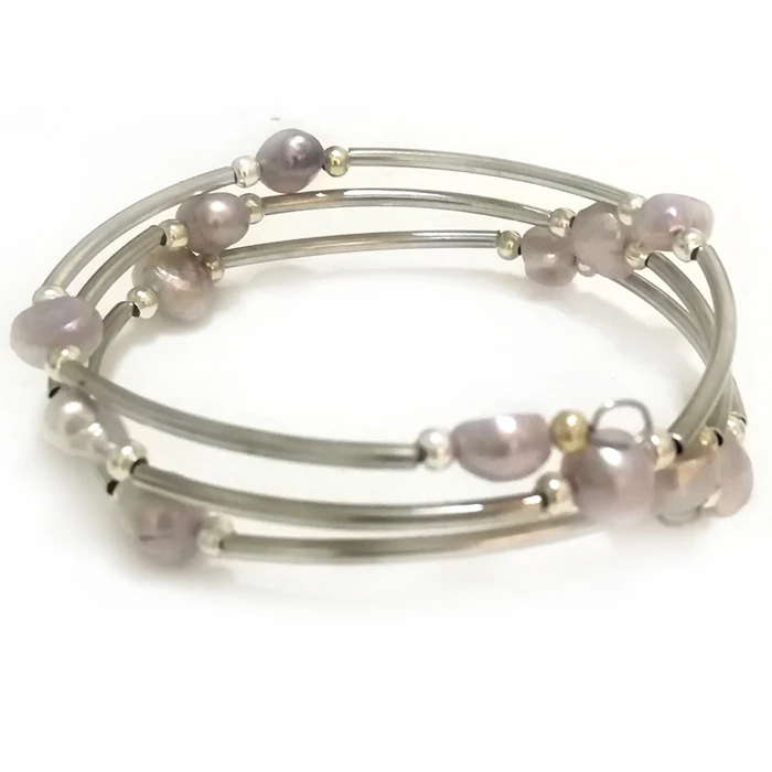 7.5-8 inches 8-9mm Lilac Natural Baroque Pearl Lady Memory Wire Bracelet