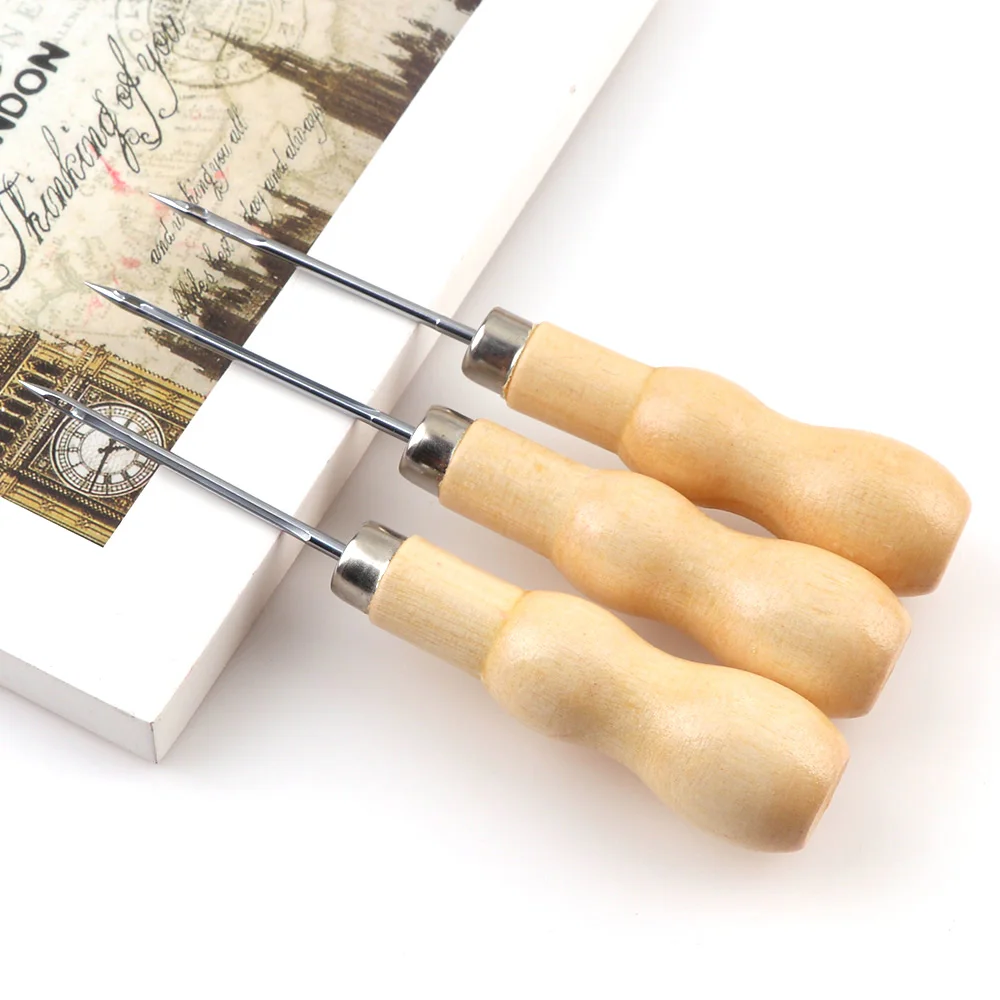 4 Styles Boxwood Redwood Gourd Canvas Leather Sewing Shoes Wood Handle Tool Awl Hand Stitching Taper Needle Tool Craft Supplies