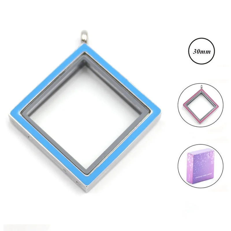 Wholesale 316L stainless steel 30MM Blue/Pink double-sided enamel square shape floating locket glass memory pendant