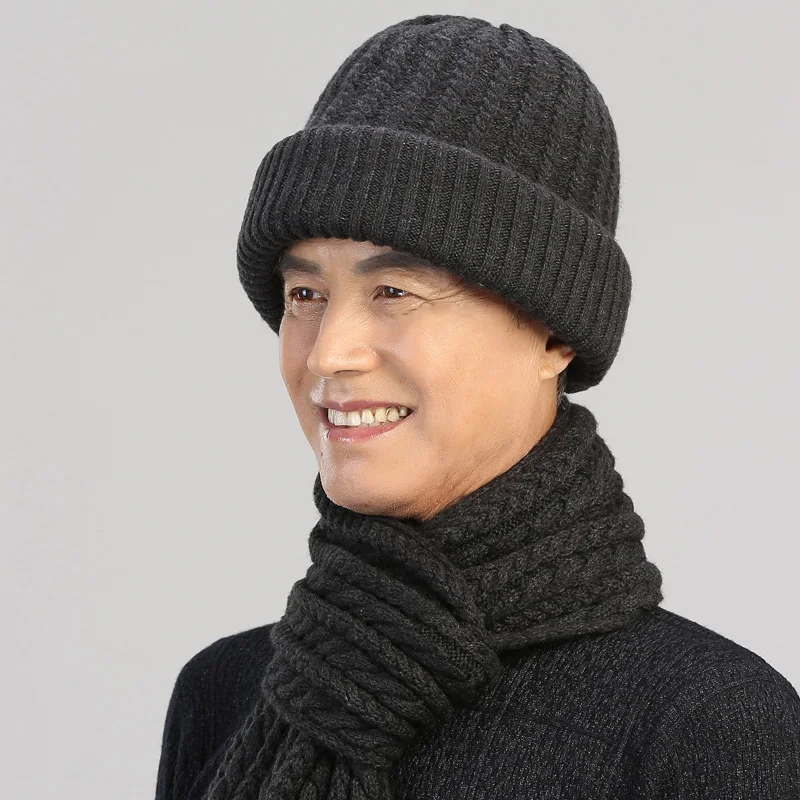 Old Man Hat Adult Middle Age Male Winter Knit Wool Cap Elderly Father Grandpa Birthday Present Warm Thicken Scarf Hats Set H7144