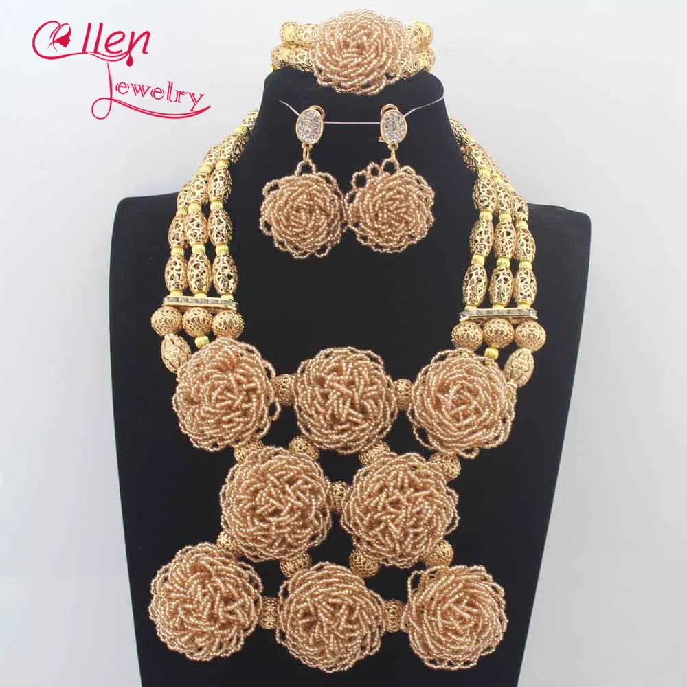 

2019 New African Champagne Gold Indian Bridal Beaded Jewelry Sets Gold Bib Statement Necklace Pendant Wedding Necklace Set N0096