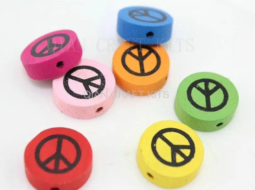 300pcs Peace Sign Symbol wood colorful 19mm Wooden beads Crafts round 3D block mixed color for DIY big beads