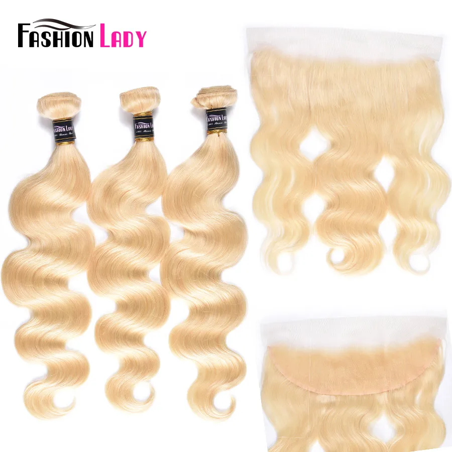 Fashion Lady-extensiones de pelo peruano Remy, mechones de pelo rubio platino con 100% de cabello humano Frtonal, 3 mechones con cierre Frontal de encaje