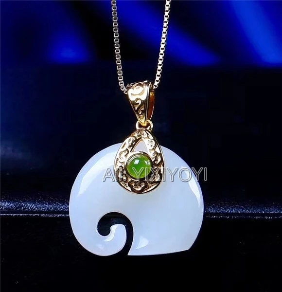 Beautiful Real 925 Silver White Green HeTian Jade Cute Elephant Style Lucky Pendant + Free Necklace Fine Jewelry Certificate