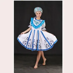 High Quality Customized Russian Folk Dance Costume Dress With Headwear Head For Adult Kids,Women Russia Stage Clothing HF002