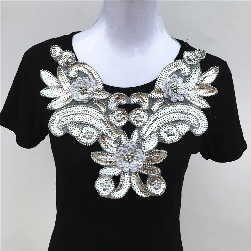 1pc Gold/Silver Beads Sequins Flower Lace Neckline Collar Sewing-On Embroidery Appliques For Dance Costumes Cloth Accessories