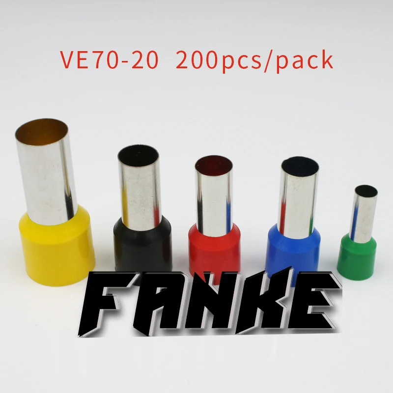 200pcs/pack VE70-20 Cord Pre-insulated Teminals Wire Connectors Bootlace Ferrules For 70mm2 20mm Pin of Length Brass tubes