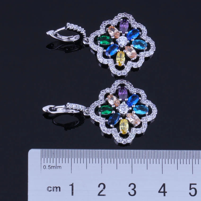 Flower Multigem Multicolor Yellow Cubic Zirconia Silver Plated Jewelry Sets Earrings Pendant Chain Ring V0289