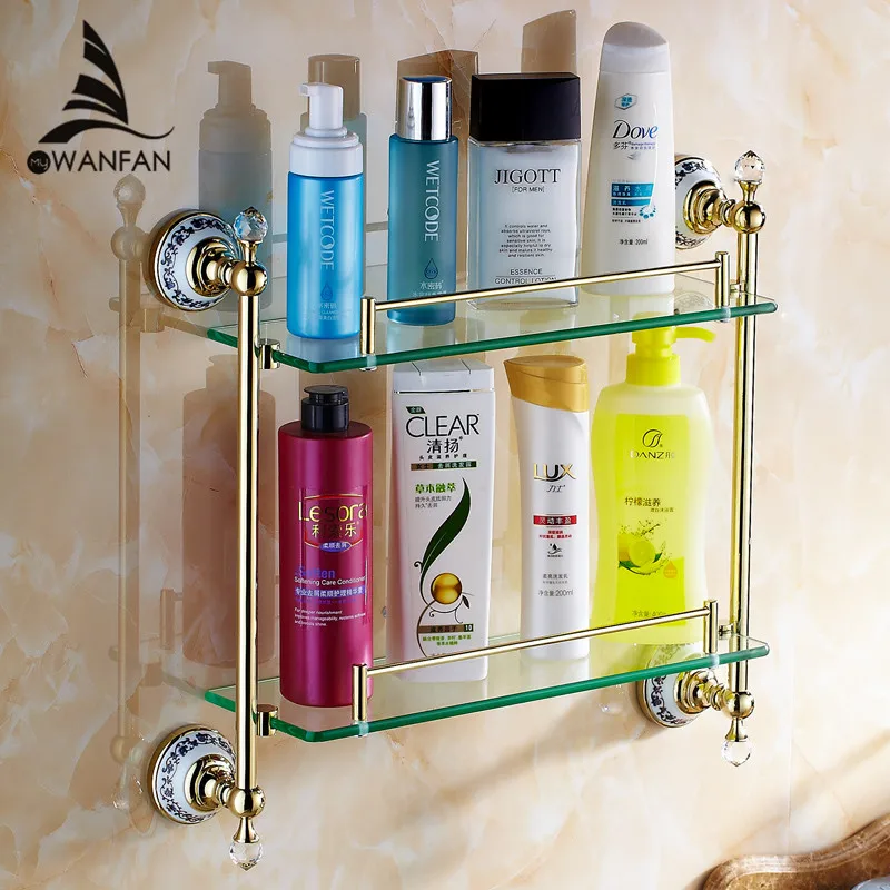 VidricShelves Double Tempered Glass Shelf Solid Brass Golden Shower Rack Wall Mount Bath Shampoo Cosmetic Storage Holder 6314