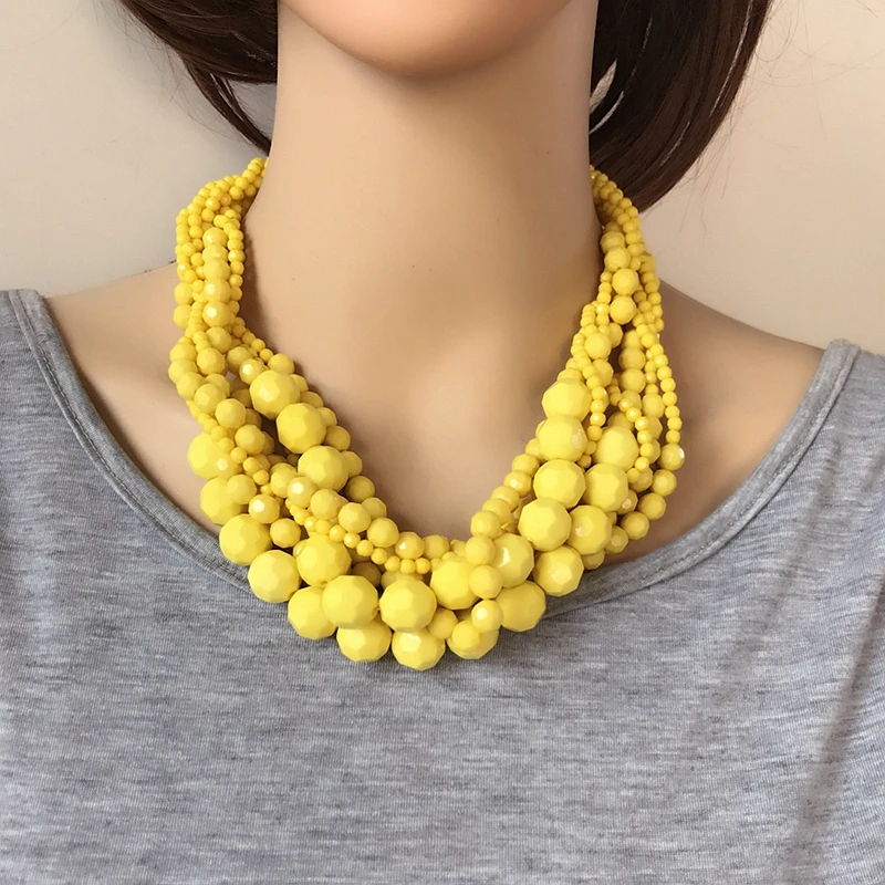 Yellow Dark Red Statement Acrylic Beads Braided Choker Necklace