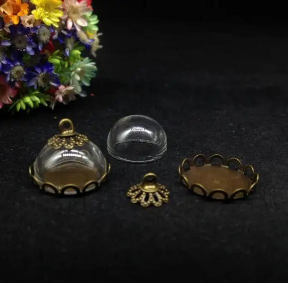 50pcs 15mm Half Round Glass Cover Dome Vial & bronze Plated/silver lace tray cap set glass vial pendant glass globe jar necklace