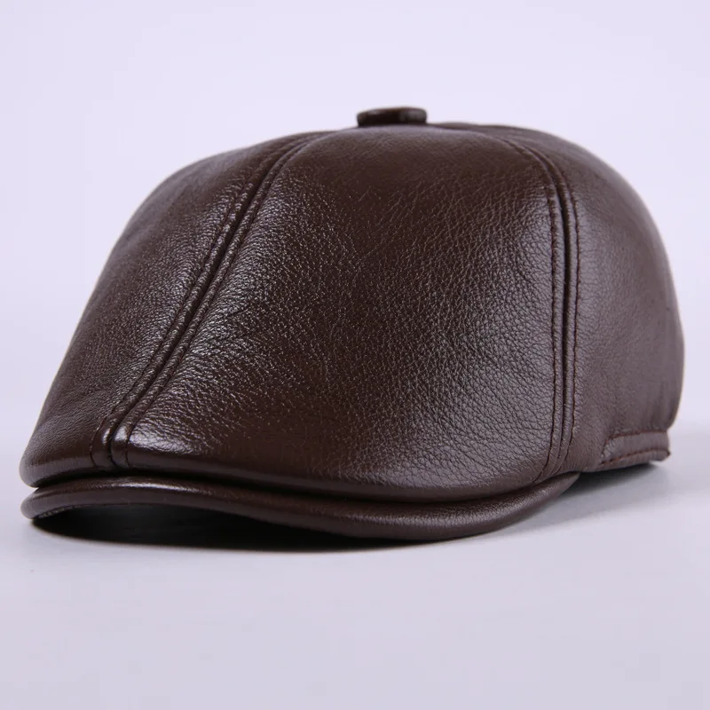 

Cowhide Men's Visor Cap Winter Autumn Genuine Leather Male Hat Adult Middle Age Elderly Men Thickened Fashion Warm Caps H6912