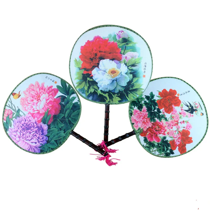 50pcs Large 3d Print Peony Round Silk Hand Fan Handle Traditional Chinese Craft Women Dance Show Prop Wedding Party Favor