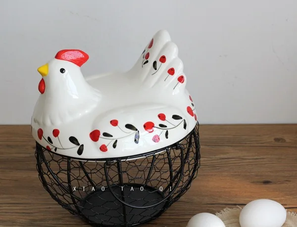 Ceramic iron kitchen Basket Hen Egg basket Garlic Ginger basket Chicken basket and iron decoration