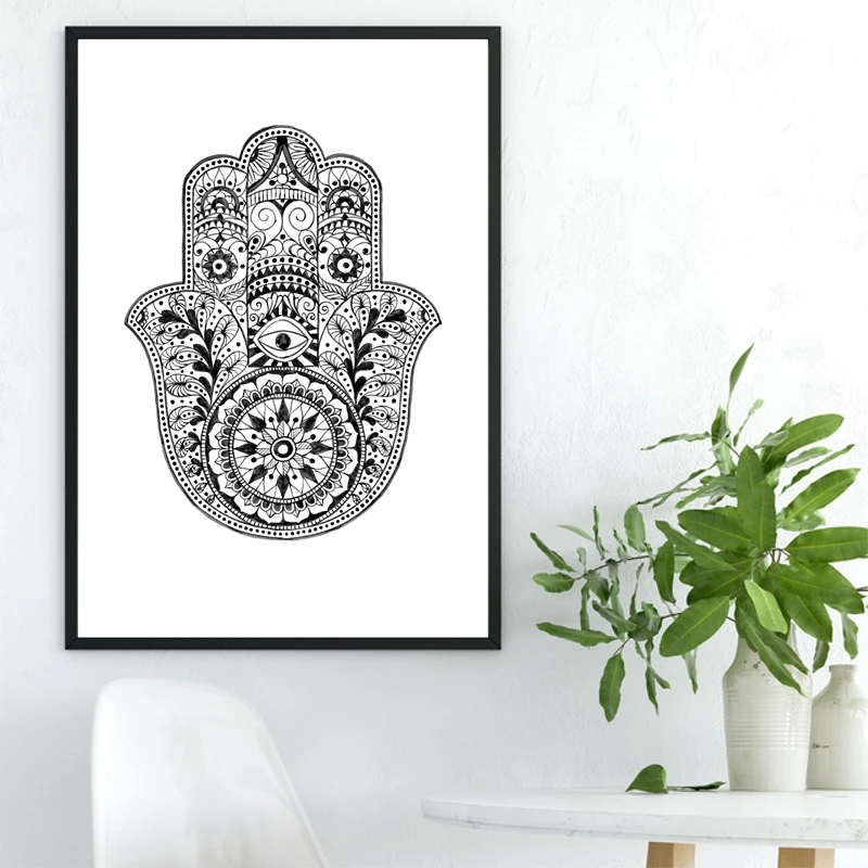 Hand Drawn Ornate Amulet Hamsa Hand Of Fatima Art Print Wall Picture ,  Hamsa Hand Canvas Painting Poster Arab Home Decor