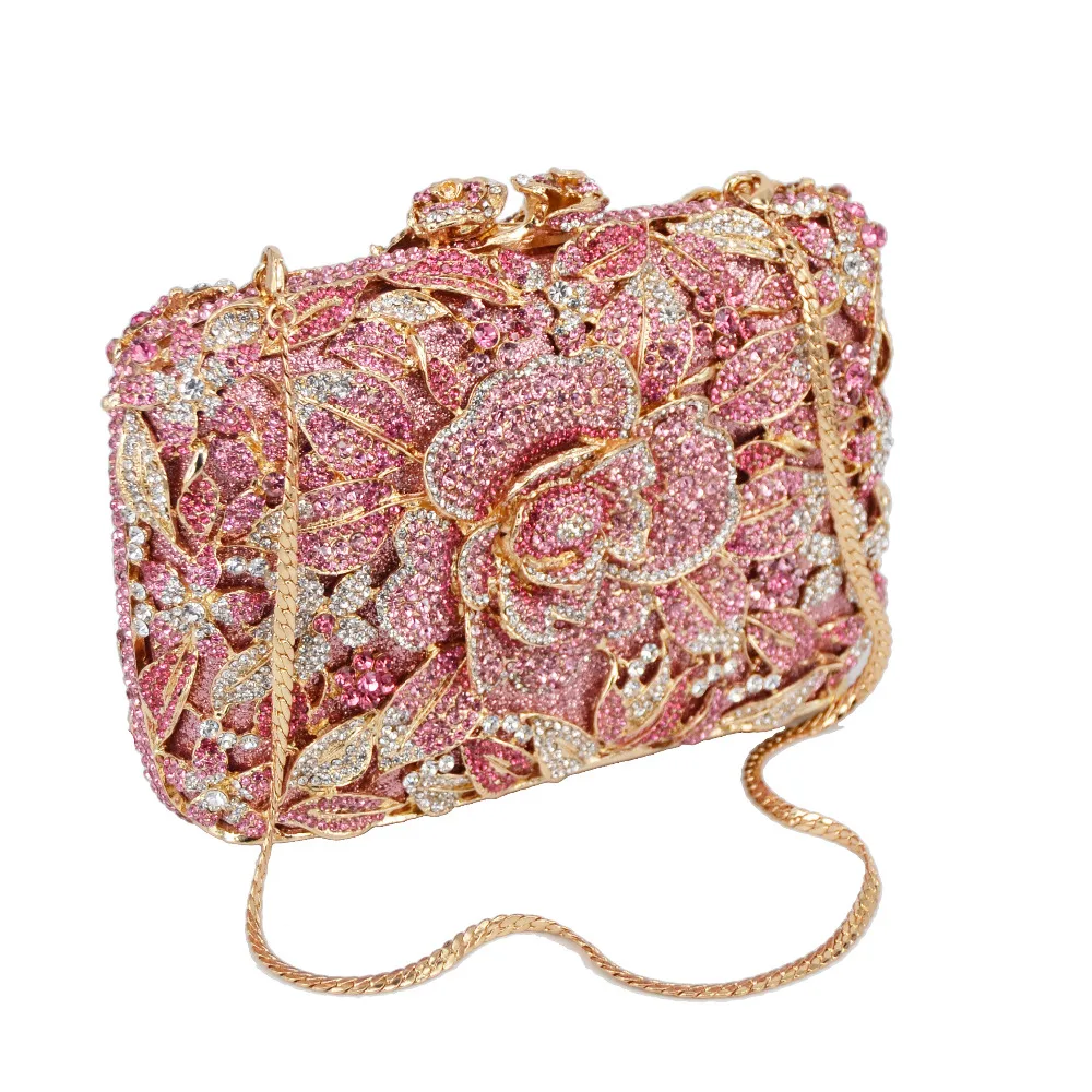 KHNMEET Pink Flower Party Clutch Evening Bags rhinestone Pink Luxury Wedding Crystal Bags Shoulder Bags SC780