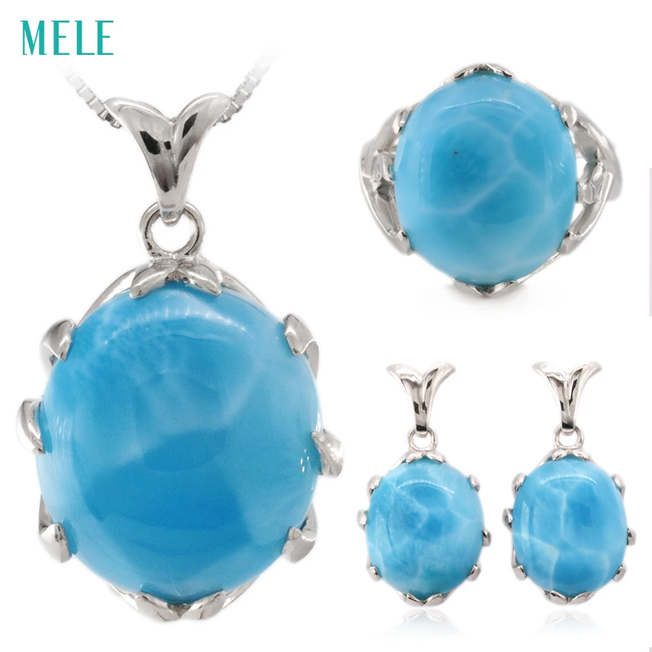 

Natural larimar silver jewelry set, oval 16mm*18mm for pendant ,oval 14mm*16mm for ring, oval 12mm*14mm for earring, top quality