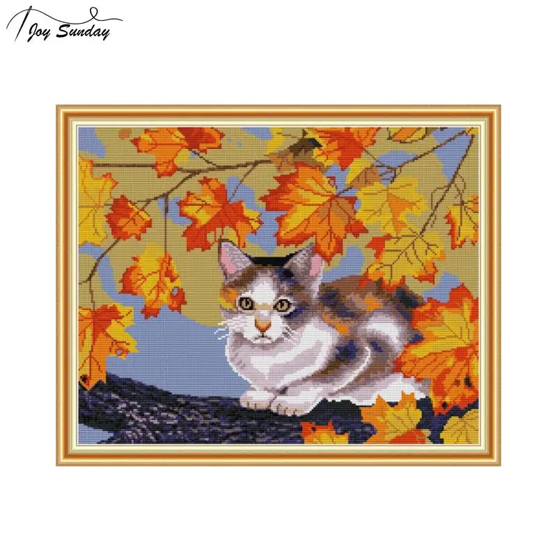 

Joy Sunday Cross Stitch Cat and Maple Animal Pattern Cross Embroidery Kit DMC Counted Aida Canvas 14ct 11ct Print DIY Needlework