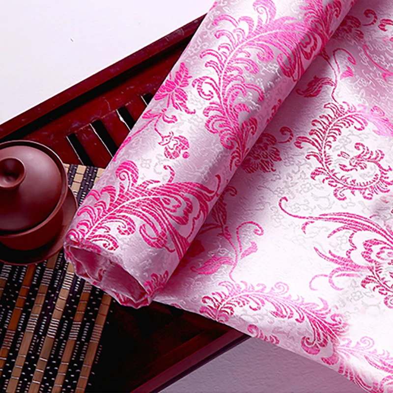 High quality brocade jacquard polyester white background pink Phoenix Tail fabric for patchwork tissue women dress by 100x90