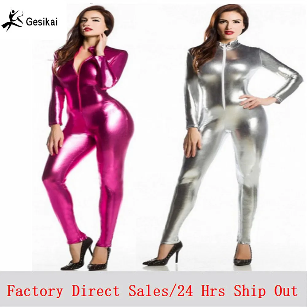 Kobiety lateks garnitur złoty srebrny czerwony błyszczące metalowe rajstopy złoty Zentai garnitur Full Body Unitard niestandardowe Body skóry zamek z przodu