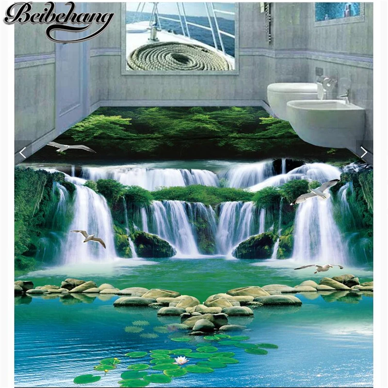 

beibehang Custom Fresco Wallpaper 3d self-adhesive dream waterfall water green forest floor painting 3D bathroom bedroom floor