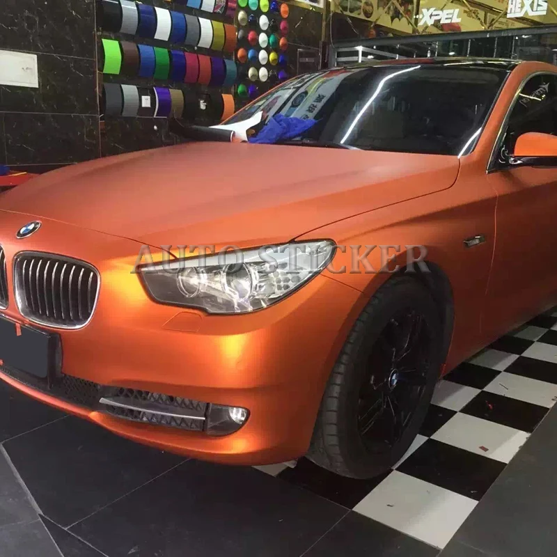 

Orange Matte Metallic Chrome Vinyl Car Wrap With Air Bubble Free Satin Orange Car Wrap Film Covering 1.52*5/10/15/20m